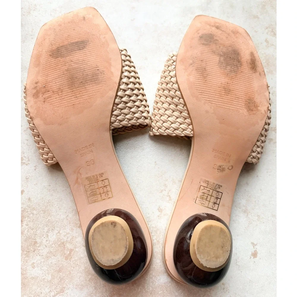 Angel Alarcon Woven Leather Ball Heel Mules Nude Beige Square Toe Spain 36